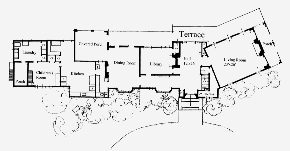 Architectural floor plan of the first floor, showing the hall, dining room, living room, library and kitchen