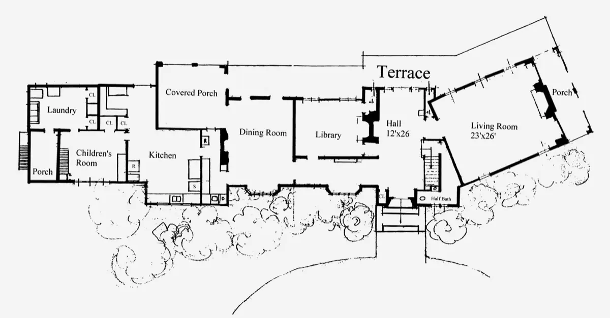 Architectural floor plan of the first floor, showing the hall, dining room, living room, library and kitchen