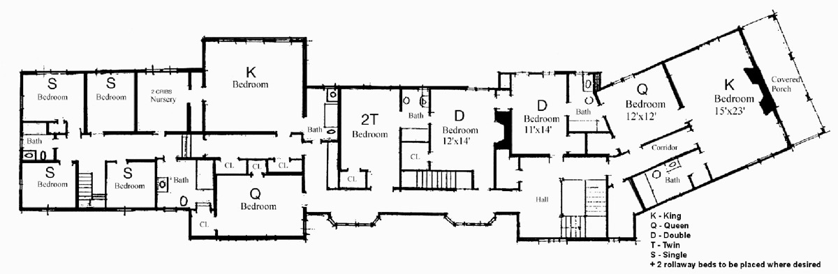 Architectural floor plan of the second floor, showing the bedrooms and porch