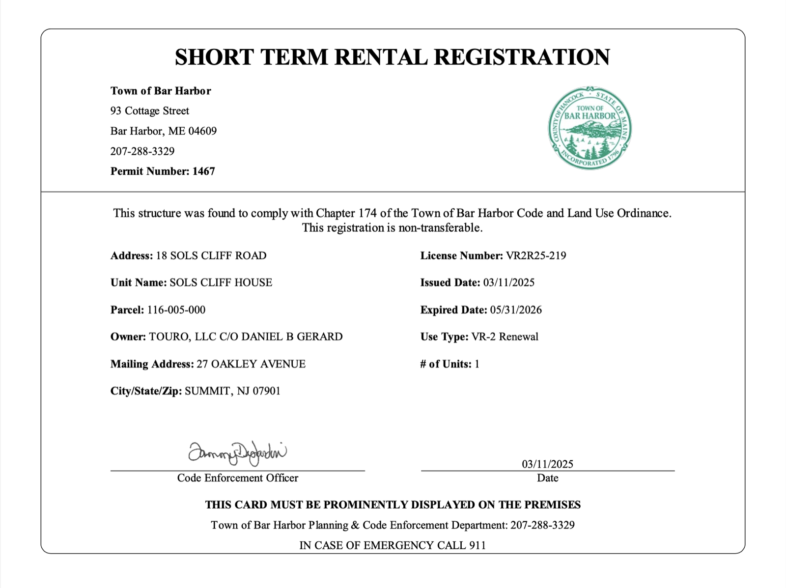 Town of Bar Harbor short term rental registration certificate for Sol&rsquo;s Cliff House, permit number 1467, license VR2R25-219
